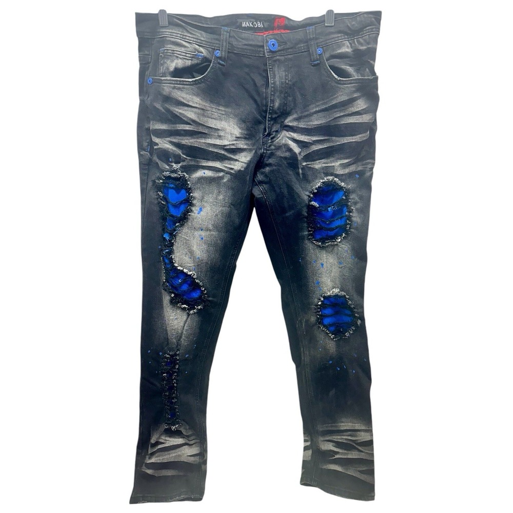 MAKOBI M1969 BONDI SHREDDED JEANS - (BLACK/‎ Blue) Size 36 x 32